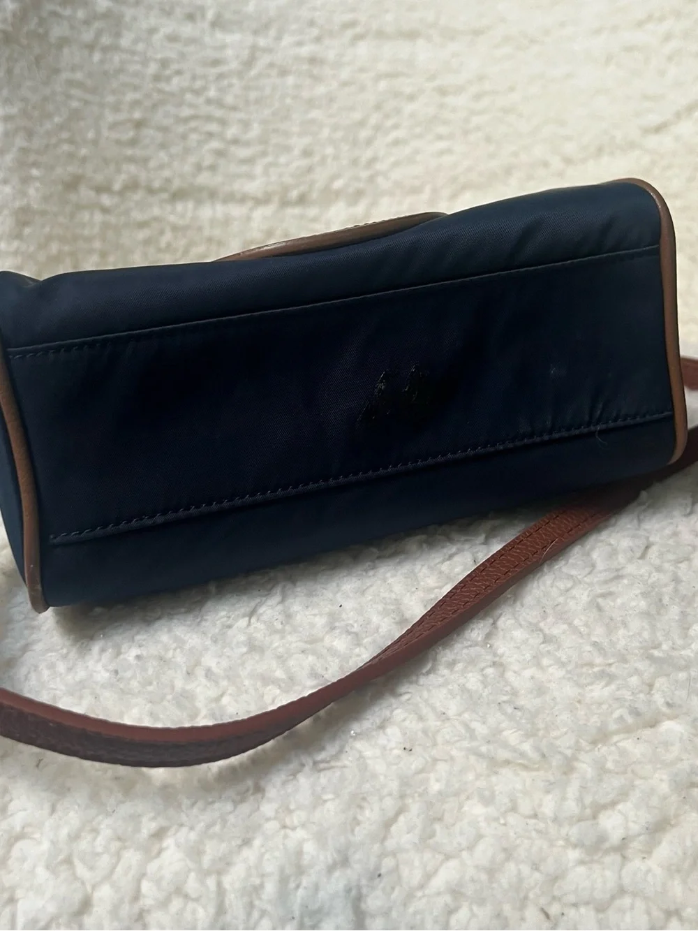 Tory Burch Navy and Brown Embossed Logo Upcycled Beauty to Crossbody Bag